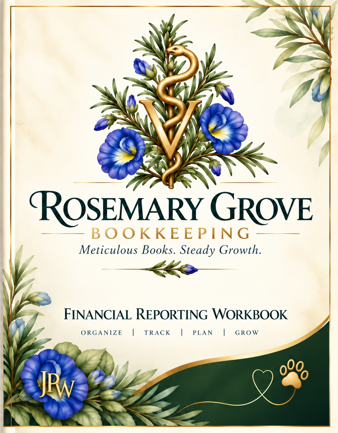 Rosemary Grove Bookkeeping original botanical cover artwork, with blue flowers, rosemary and gold accents